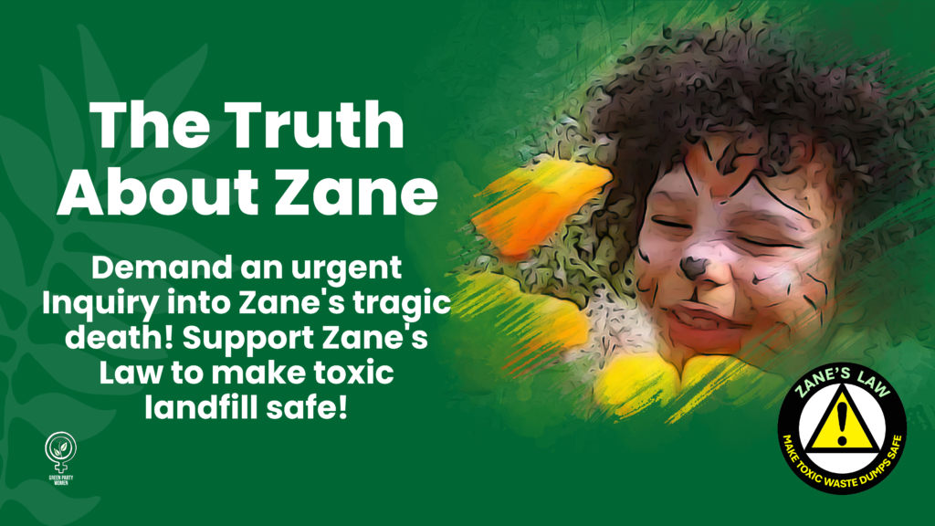 Photograph of 7yr old Zane Gbangbola. The Truth About Zane. Demand an urgent Inquiry into Zane's tragic death! Support Zane's Law to make toxic landfill safe! Read Zane's story on the Green Party Women Website. Zane's Law - Make Toxic Waste Dumps Safe